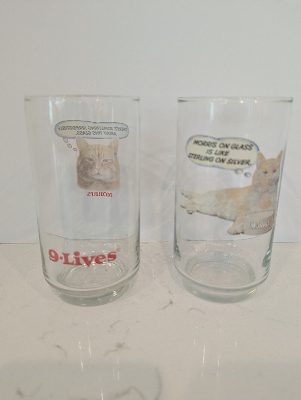 Vtg Morris The Cat 9-Lives Cat Food Drinking Glasses Lot Of 2 Libbey 1980s Retro
